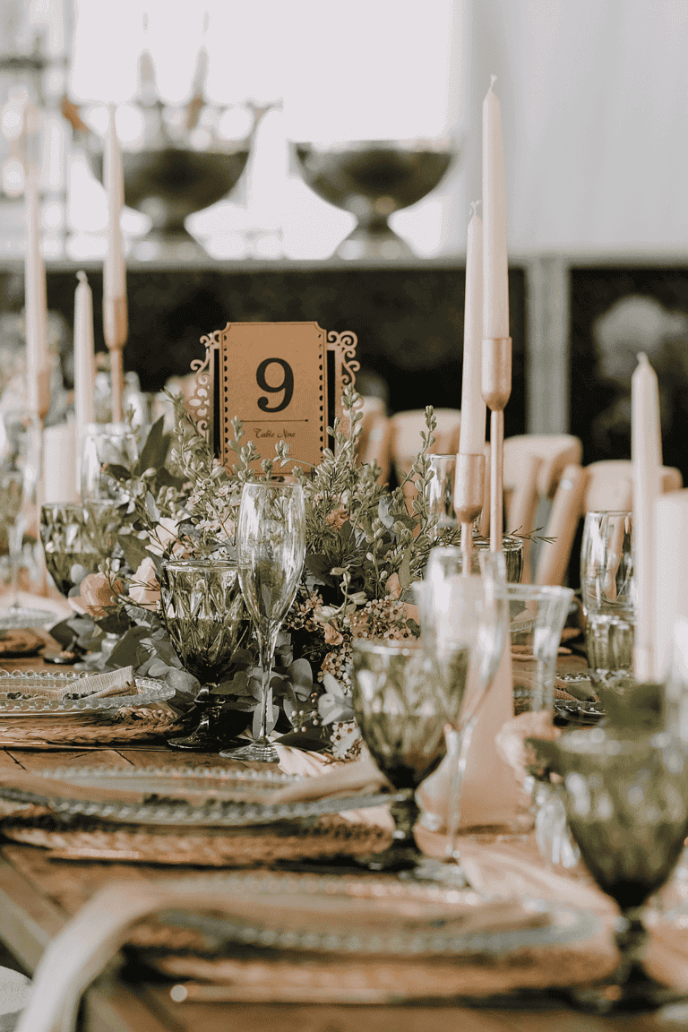 8. Candles with Greenery Garlands Greenery is always a yes for me, and the perfect accessory you can add to your dining table. Combining candle holders with eucalyptus, ivy garlands, and flowers will always make a table look good and will elevate it. You can find millions of options in Hobby